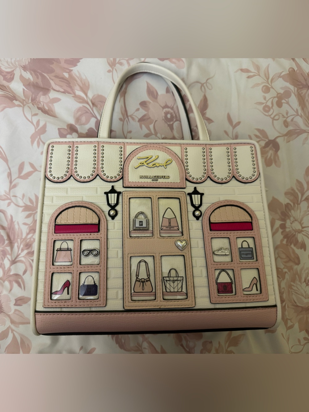 Brand New Karl Lagerfeld Maybelle Satchel Cream and Pink 3D Boutique Store